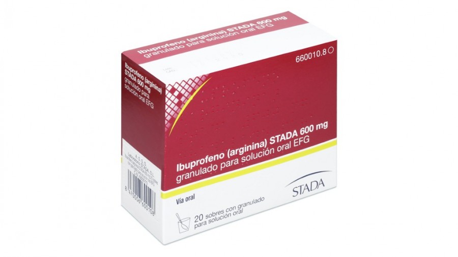 IBUPROFENO (ARGININA) STADA 600 mg GRANULADO PARA SOLUCION ORAL EFG , 40 sobres fotografía del envase.
