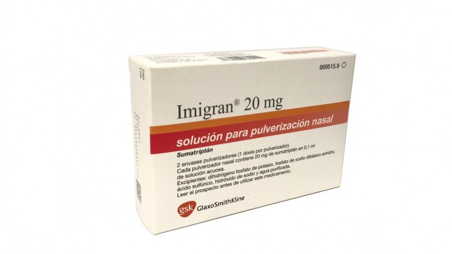 IMIGRAN 20 mg SOLUCION PARA PULVERIZACION NASAL. , 2 envases pulverizadores unidosis de 0,1 ml fotografía del envase.