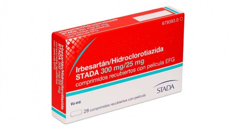 IRBESARTAN/HIDROCLOROTIAZIDA STADA 300 mg/25 mg COMPRIMIDOS RECUBIERTOS CON PELICULA EFG, 28 comprimidos fotografía del envase.