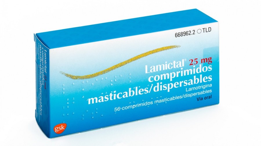 LAMICTAL 25 mg COMPRIMIDOS MASTICABLES/DISPERSABLES , 21 comprimidos fotografía del envase.