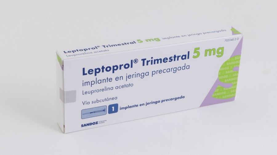 LEPTOPROL TRIMESTRAL 5 MG IMPLANTE EN JERINGA PRECARGADA , 1 implante fotografía del envase.