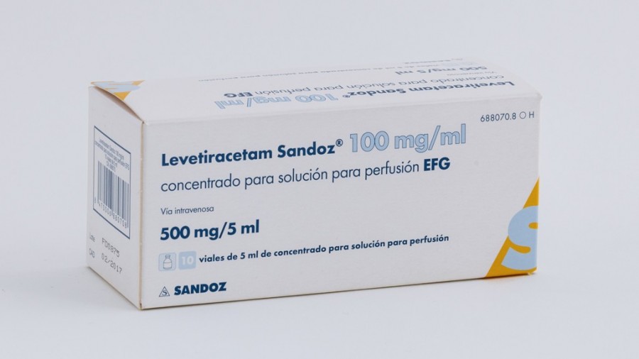 LEVETIRACETAM SANDOZ 100 mg/ml CONCENTRADO PARA SOLUCION PARA PERFUSION EFG , 10 viales de 5 ml fotografía del envase.