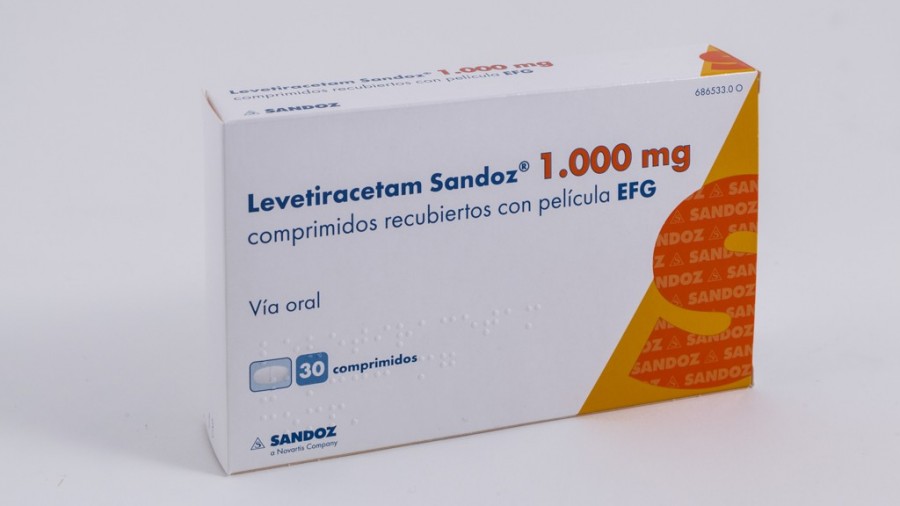LEVETIRACETAM SANDOZ 1000 mg COMPRIMIDOS RECUBIERTOS CON PELICULA EFG, 30 comprimidos (Frasco) fotografía del envase.