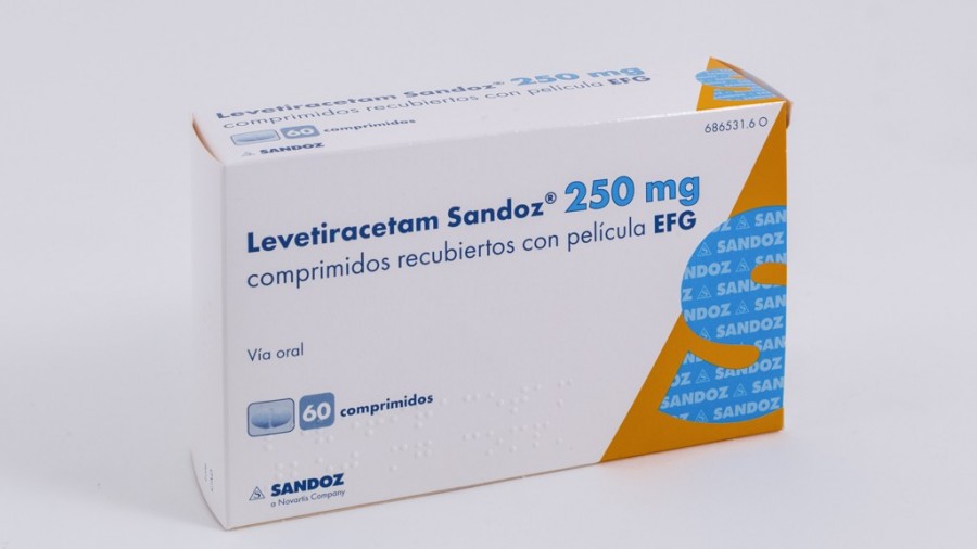 LEVETIRACETAM SANDOZ 250 mg COMPRIMIDOS RECUBIERTOS CON PELICULA EFG,60 comprimidos (frasco) fotografía del envase.