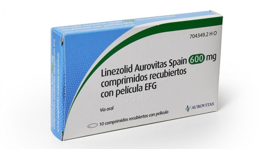 LINEZOLID AUROVITAS SPAIN 600 MG COMPRIMIDOS RECUBIERTOS CON PELICULA EFG , 10 comprimidos (Blister PVC/PE/PVDC/AL) fotografía del envase.