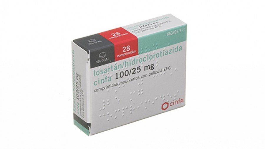 LOSARTAN/HIDROCLOROTIAZIDA CINFA 100 mg/25 mg COMPRIMIDOS RECUBIERTOS CON PELICULA EFG, 28 comprimidos fotografía del envase.