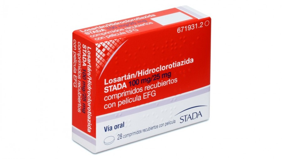 LOSARTAN / HIDROCLOROTIAZIDA STADA 100/25 mg COMPRIMIDOS RECUBIERTOS CON PELICULA EFG, 28 comprimidos fotografía del envase.