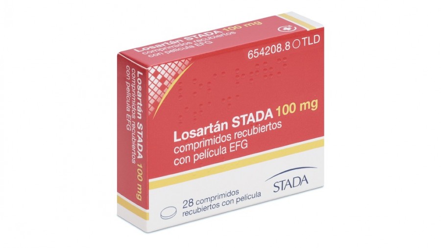 LOSARTAN STADA 100 mg COMPRIMIDOS RECUBIERTOS CON PELICULA EFG, 28 comprimidos fotografía del envase.