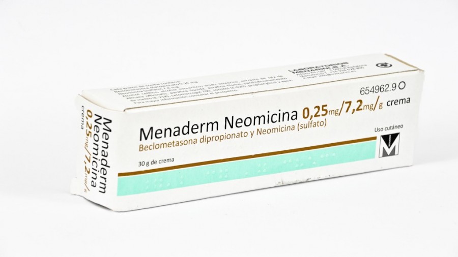 MENADERM  NEOMICINA 0,25 mg/ 7,2 mg/ g CREMA , 1 tubo de 60 g fotografía del envase.