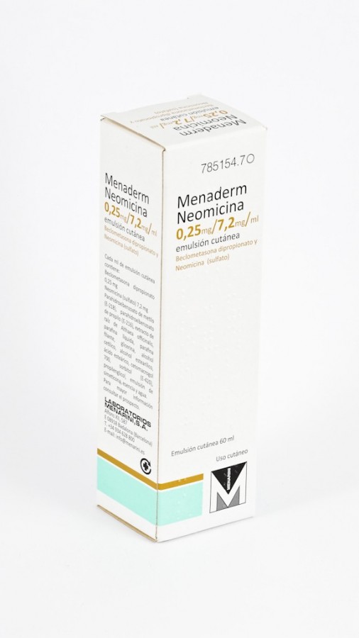MENADERM NEOMICINA 0,25 mg/ 7,2 mg/ ml EMULSION CUTANEA , 1 frasco de 60 ml fotografía del envase.