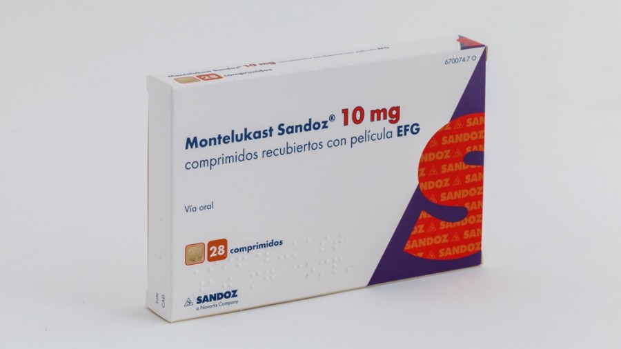 MONTELUKAST SANDOZ 10 mg COMPRIMIDOS RECUBIERTOS CON PELICULA EFG , 28 comprimidos fotografía del envase.