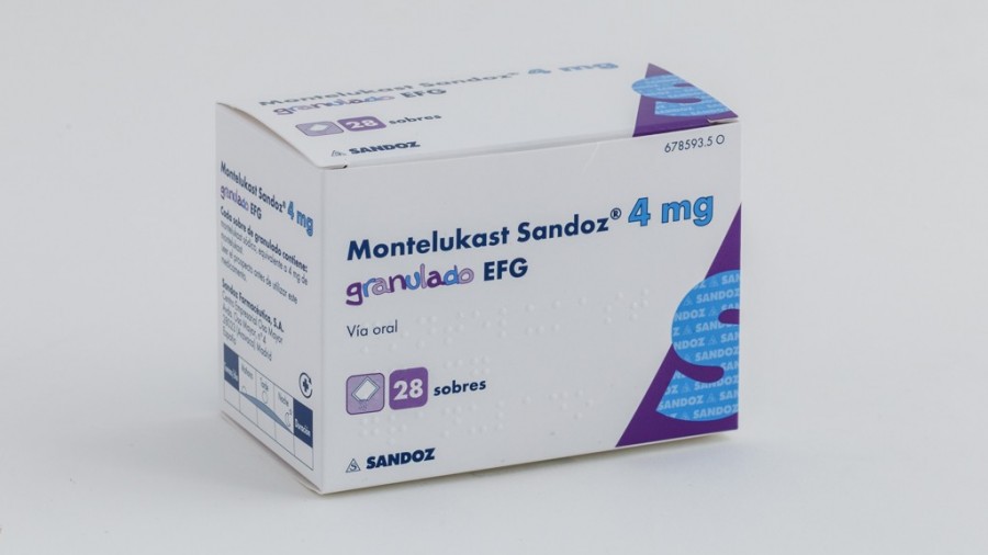 MONTELUKAST SANDOZ 4 mg GRANULADO EFG, 28 sobres fotografía del envase.
