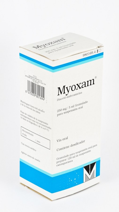 MYOXAM 250mg/5ml GRANULADO PARA SUSPENSION ORAL , 20 frascos de 120 ml fotografía del envase.