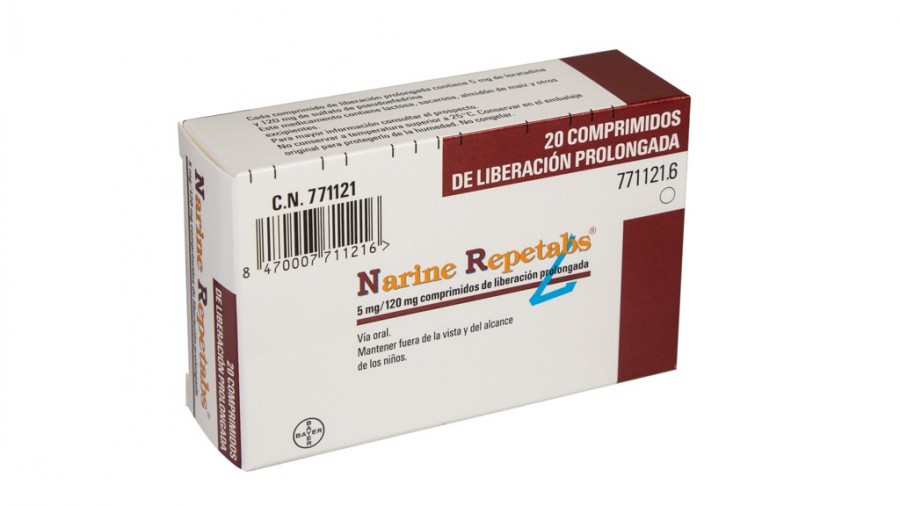 NARINE REPETABS 5 mg/120 mg COMPRIMIDOS DE LIBERACION PROLONGADA , 20 comprimidos fotografía del envase.