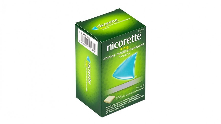 NICORETTE 4 mg CHICLES MEDICAMENTOSOS, 105 chicles fotografía del envase.
