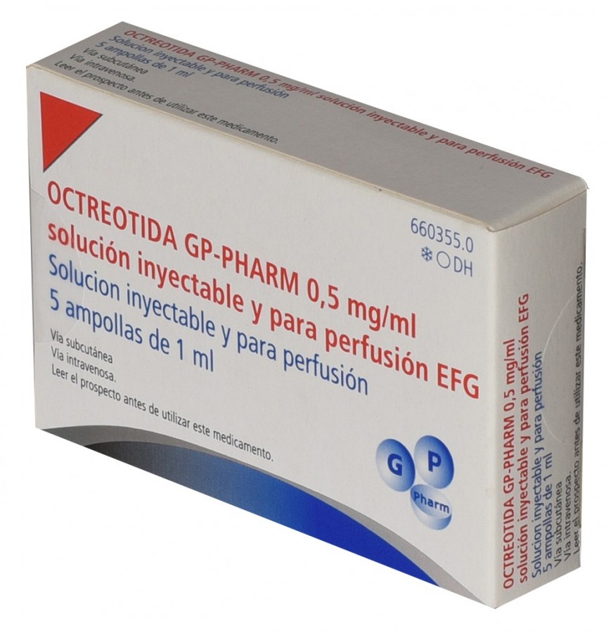 OCTREOTIDA GP-PHARM 0,5 mg/ml SOLUCION INYECTABLE Y PARA PERFUSION EFG , 5 ampollas de 1 ml fotografía del envase.