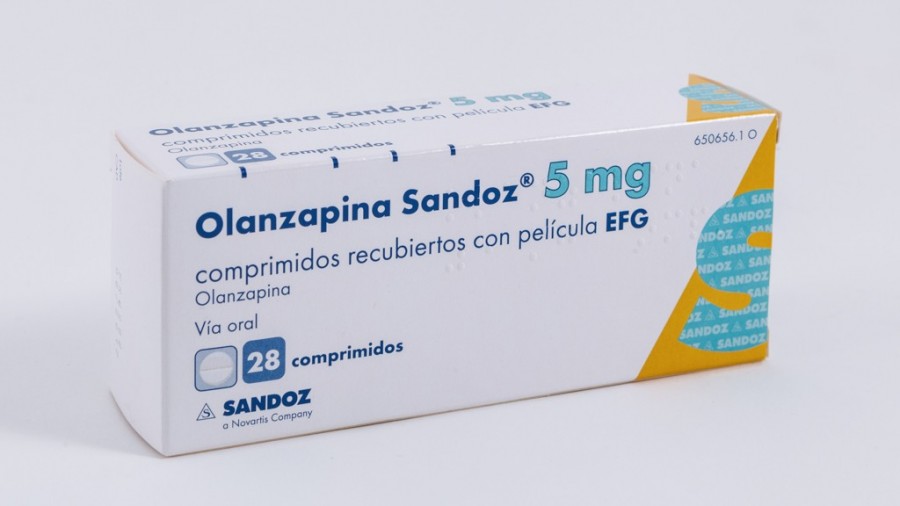 OLANZAPINA SANDOZ 5 mg COMPRIMIDOS RECUBIERTOS CON PELICULA EFG, 28 comprimidos fotografía del envase.