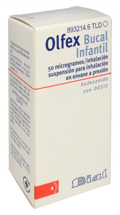 OLFEX BUCAL INFANTIL 50 microgramos/INHALACION, SUSPENSION PARA INHALACION EN ENVASE A PRESION , 1 inhalador de 200 dosis fotografía del envase.