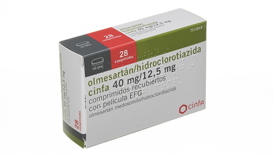 olmesartan / hidroclorotiazida cinfa 40mg / 12,5 mg comprimidos recubiertos con pelicula EFG, 28 comprimidos fotografía del envase.