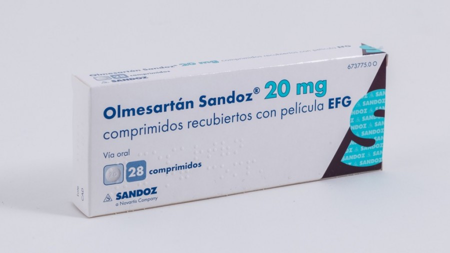 OLMESARTAN SANDOZ 20 mg COMPRIMIDOS RECUBIERTOS CON PELICULA EFG, 28 comprimidos fotografía del envase.