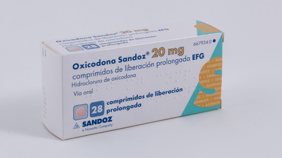 OXICODONA SANDOZ 20 mg COMPRIMIDOS DE LIBERACION PROLONGADA EFG , 28 comprimidos fotografía del envase.