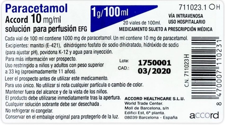 PARACETAMOL ACCORD 10 mg/ml SOLUCION PARA PERFUSION EFG,20 viales de 100 ml fotografía del envase.