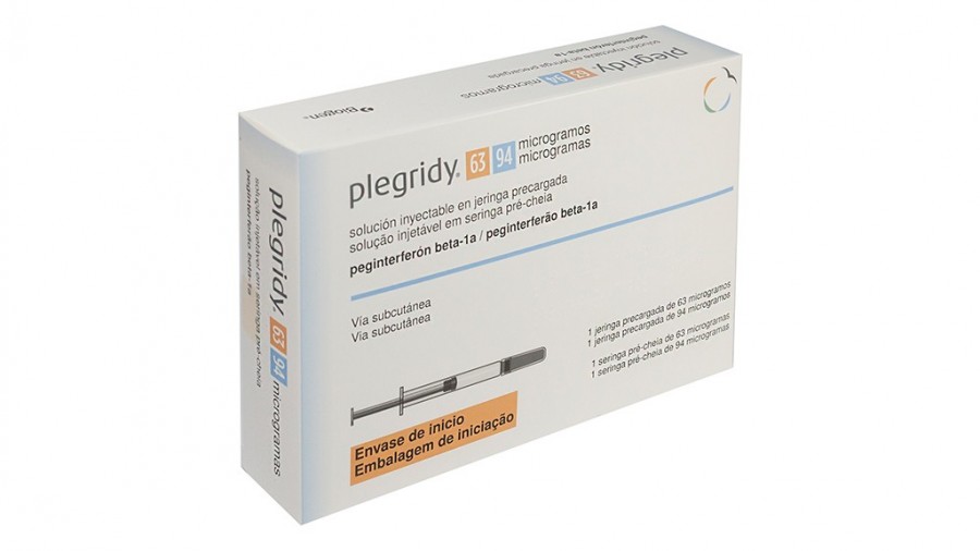Plegridy 63 94 microgramos solucion inyectable en jeringa precargada 1 jeringa de 63 mcg/0,5 ml y 1 jeringa de 94 mcg/0,5 ml fotografía del envase.