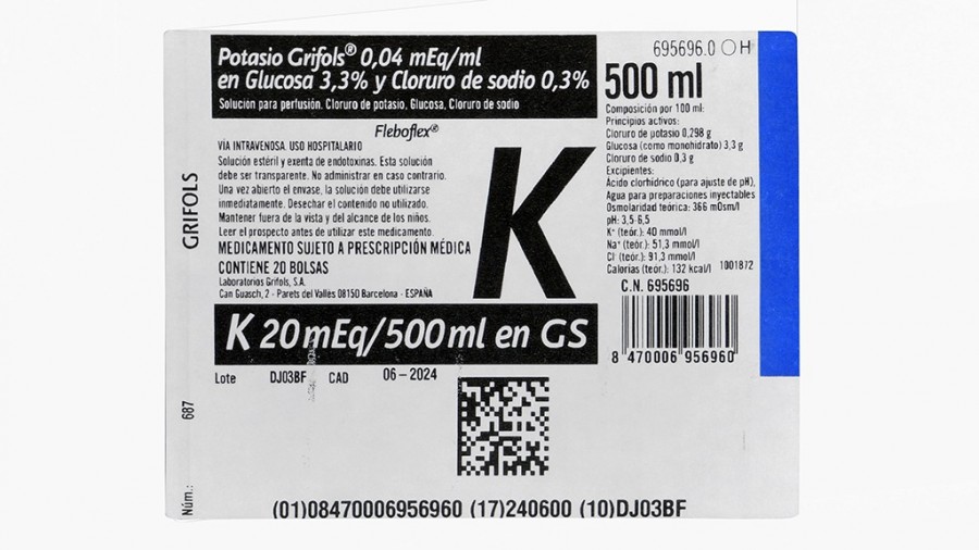 POTASIO GRIFOLS 0,04 mEq/ml EN GLUCOSA 3,3% Y CLORURO DE SODIO 0,3% SOLUCION PARA PERFUSION, 20 bolsas de 500 ml fotografía del envase.