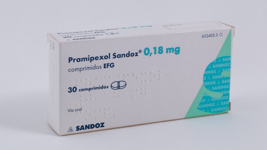 PRAMIPEXOL SANDOZ 0,18 mg COMPRIMIDOS EFG , 100 comprimidos fotografía del envase.