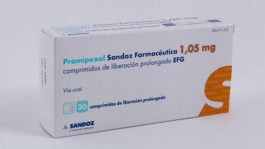 PRAMIPEXOL SANDOZ FARMACEUTICA 1,05 MG COMPRIMIDOS DE LIBERACION PROLONGADA EFG , 30 comprimidos fotografía del envase.