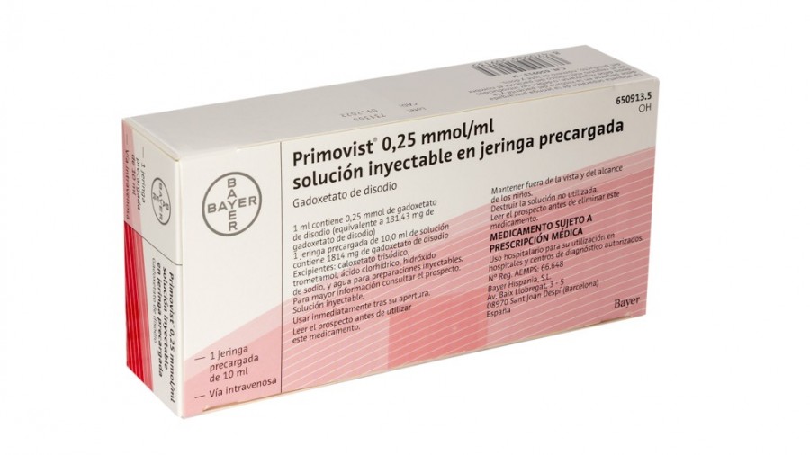PRIMOVIST 0,25 mmol/ml, SOLUCION INYECTABLE EN JERINGA PRECARGADA , 1 jeringa precargada de 10 ml fotografía del envase.