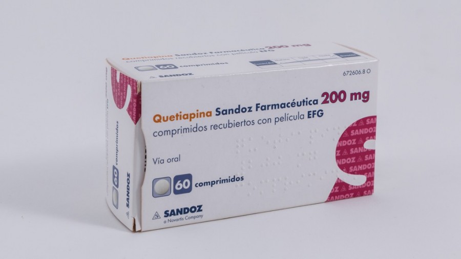 QUETIAPINA SANDOZ FARMACEUTICA 200 mg COMPRIMIDOS RECUBIERTOS CON PELICULA EFG , 60 comprimidos fotografía del envase.