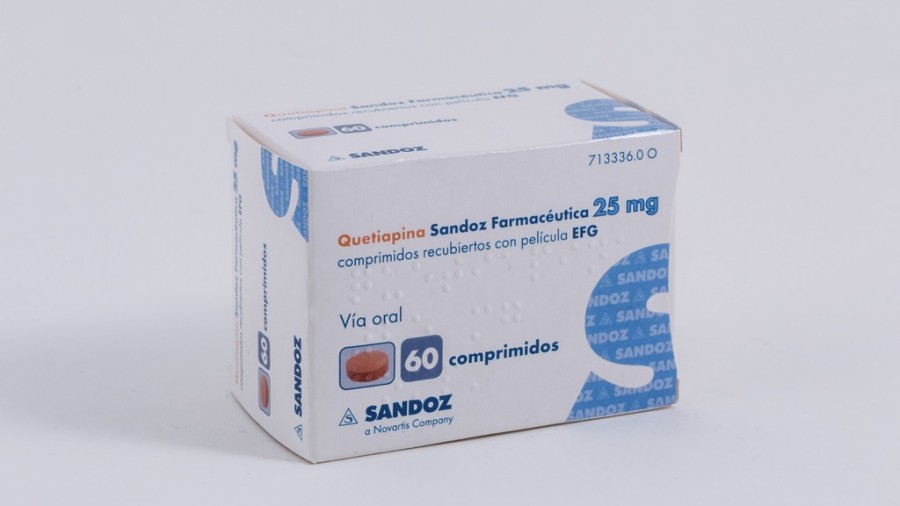 QUETIAPINA SANDOZ FARMACEUTICA 25 mg COMPRIMIDOS RECUBIERTOS CON PELICULA EFG,60 comprimidos (PVC-Aluminio) fotografía del envase.