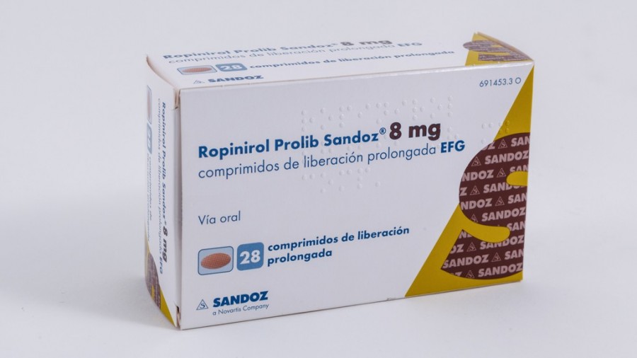 ROPINIROL PROLIB SANDOZ 8 mg COMPRIMIDOS DE LIBERACION PROLONGADA EFG, 28 comprimidos fotografía del envase.