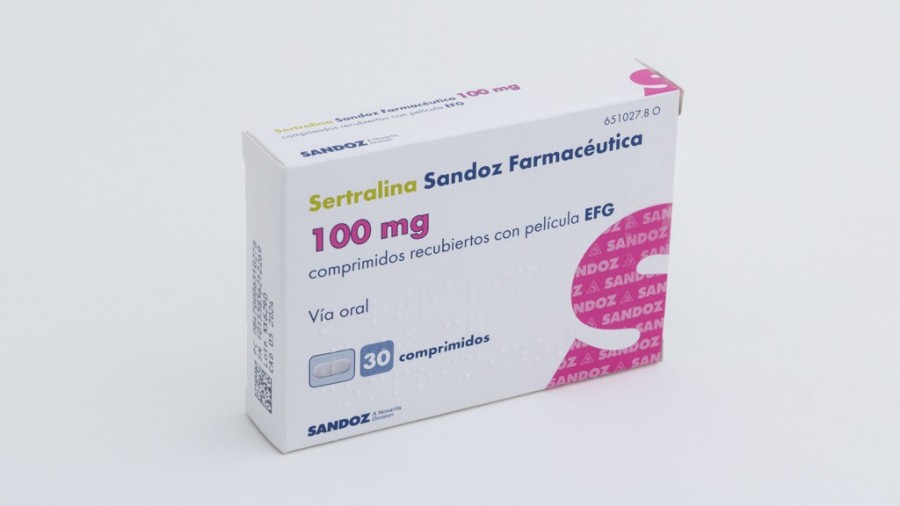 SERTRALINA SANDOZ FARMACÉUTICA 100 mg COMPRIMIDOS RECUBIERTOS CON PELICULA EFG , 30 comprimidos fotografía del envase.