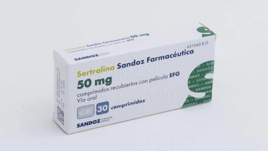 SERTRALINA SANDOZ FARMACÉUTICA 50 mg COMPRIMIDOS RECUBIERTOS CON PELICULA EFG , 30 comprimidos fotografía del envase.