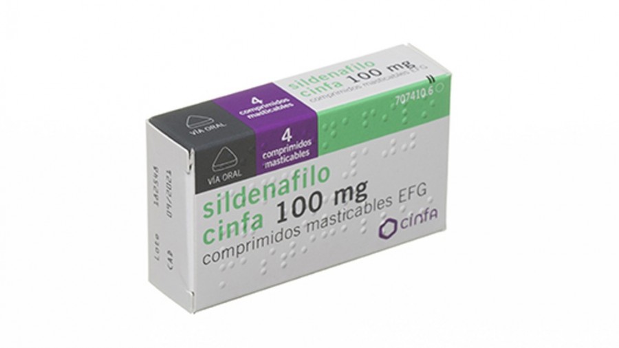 SILDENAFILO CINFA 100 MG COMPRIMIDOS MASTICABLES EFG , 4 comprimidos fotografía del envase.