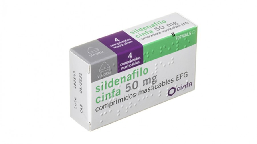 SILDENAFILO CINFA 50 MG COMPRIMIDOS MASTICABLES EFG , 8 comprimidos fotografía del envase.