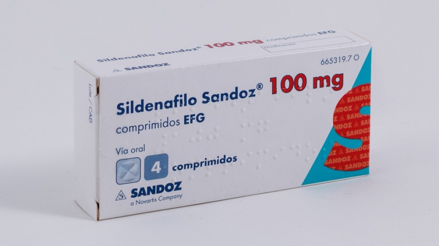 SILDENAFILO SANDOZ 100 mg COMPRIMIDOS EFG, 8 comprimidos fotografía del envase.