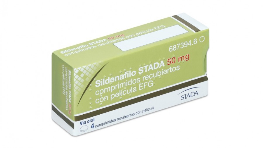 SILDENAFILO STADA 50 mg COMPRIMIDOS RECUBIERTOS CON PELÍCULA EFG, 4 comprimidos fotografía del envase.