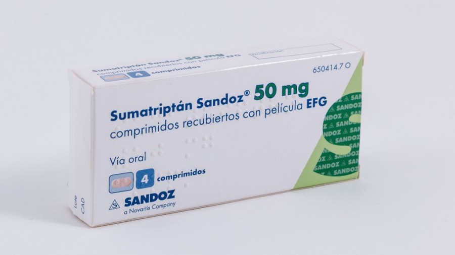 SUMATRIPTAN SANDOZ 50 mg COMPRIMIDOS RECUBIERTOS CON PELICULA EFG , 4 comprimidos fotografía del envase.