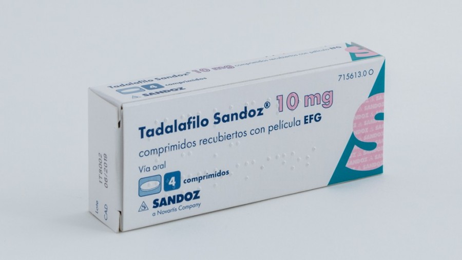 TADALAFILO SANDOZ 10 MG COMPRIMIDOS RECUBIERTOS CON PELICULA EFG, 4 comprimidos (Blister PVC/ACLAR/PVC-Al) fotografía del envase.