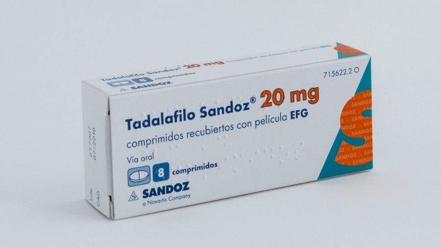 TADALAFILO SANDOZ 20 MG COMPRIMIDOS RECUBIERTOS CON PELICULA EFG, 8 comprimidos (Blister PVC/ACLAR/PVC-Al) fotografía del envase.