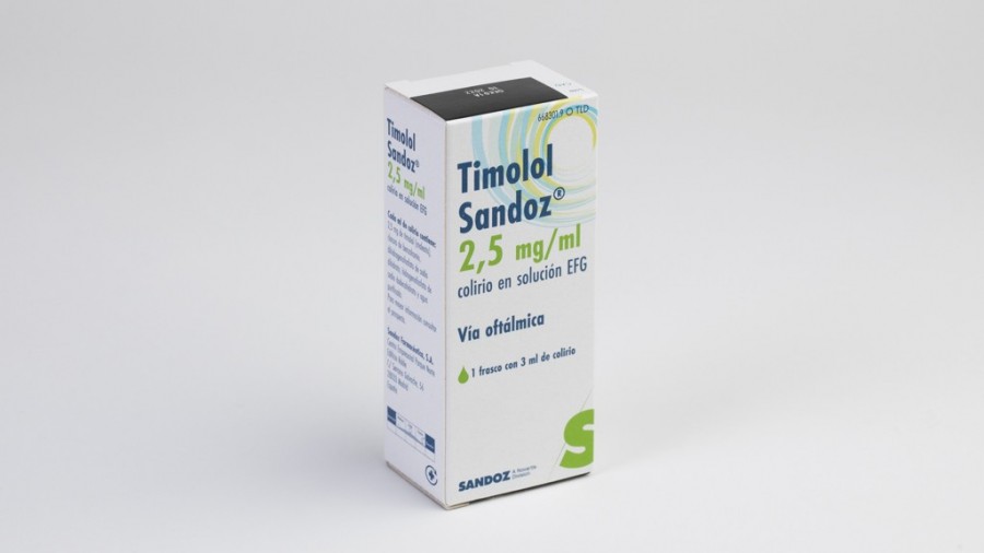 TIMOLOL SANDOZ 2,5 MG/ML COLIRIO EN SOLUCION EFG , 1 frasco de 3 ml fotografía del envase.