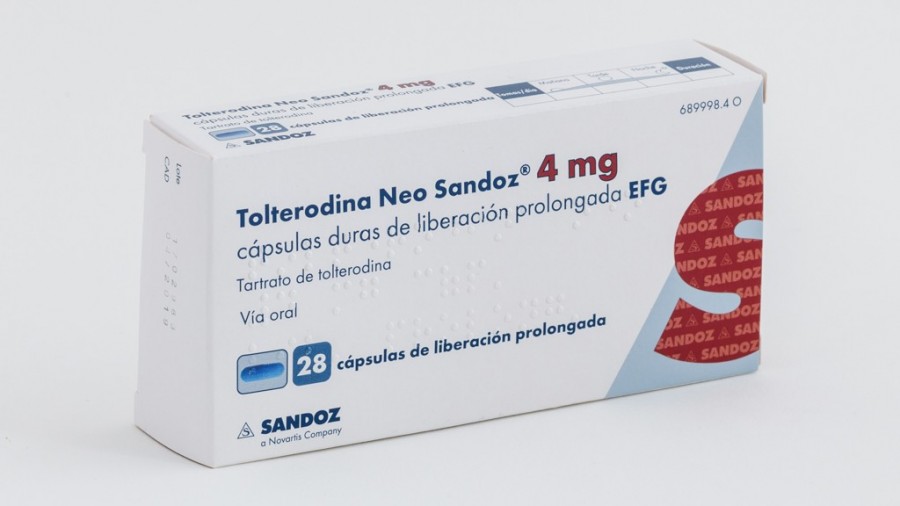 TOLTERODINA NEO SANDOZ 4 mg CAPSULAS DURAS DE LIBERACION PROLONGADA EFG 28 cápsulas fotografía del envase.