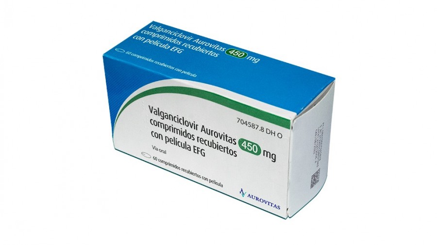 VALGANCICLOVIR AUROVITAS 450 mg COMPRIMIDOS RECUBIERTOS CON PELICULA EFG , 60 comprimidos fotografía del envase.