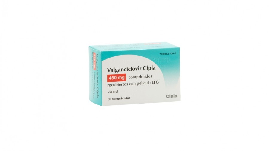 VALGANCICLOVIR CIPLA 450 MG COMPRIMIDOS RECUBIERTOS CON PELICULA EFG, 60 comprimidos (blister) fotografía del envase.
