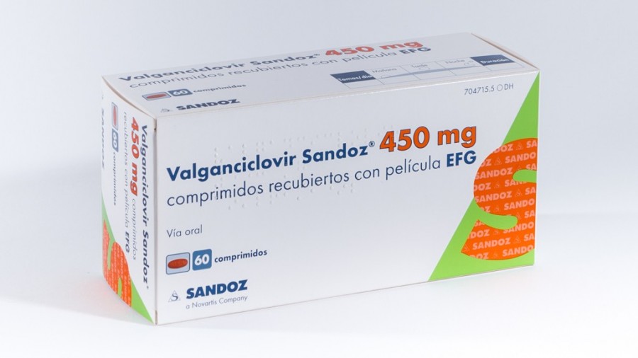VALGANCICLOVIR SANDOZ 450 MG COMPRIMIDOS RECUBIERTOS CON PELICULA  EFG , 60 comprimidos (Blister) fotografía del envase.