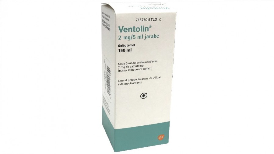 VENTOLIN 2 mg/5 ml JARABE,1 frasco de 150 ml fotografía del envase.