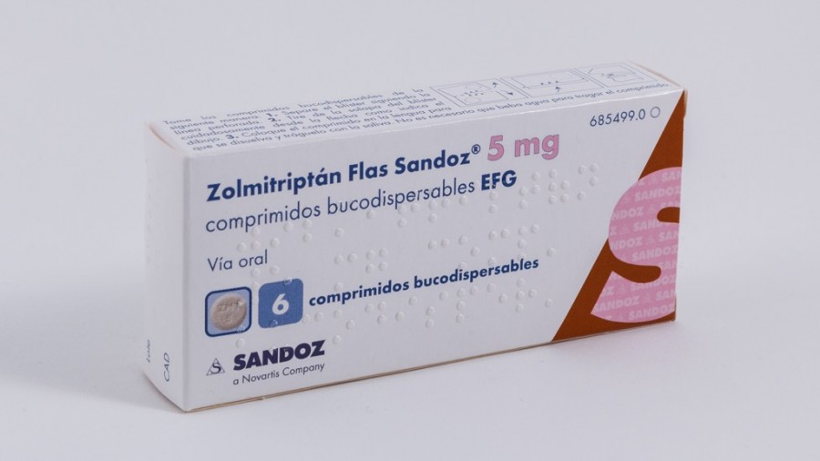 ZOLMITRIPTAN FLAS SANDOZ 5 mg COMPRIMIDOS BUCODISPERSABLES EFG , 6 comprimidos fotografía del envase.